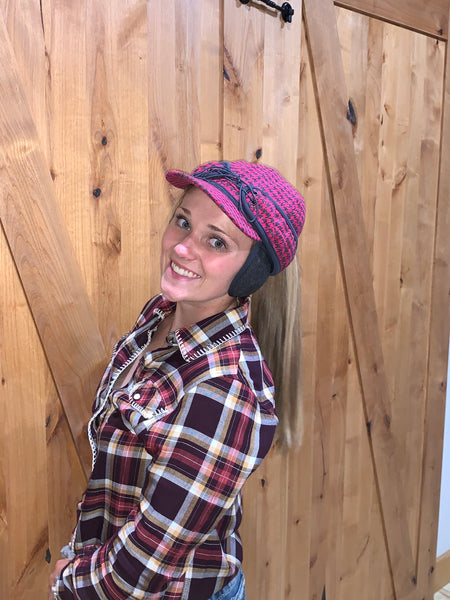"Slit" PINK/CHARCOAL PLAID Railroad Hat (P-S)