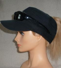 Black military cap with sunglasses holder and ponytail access.